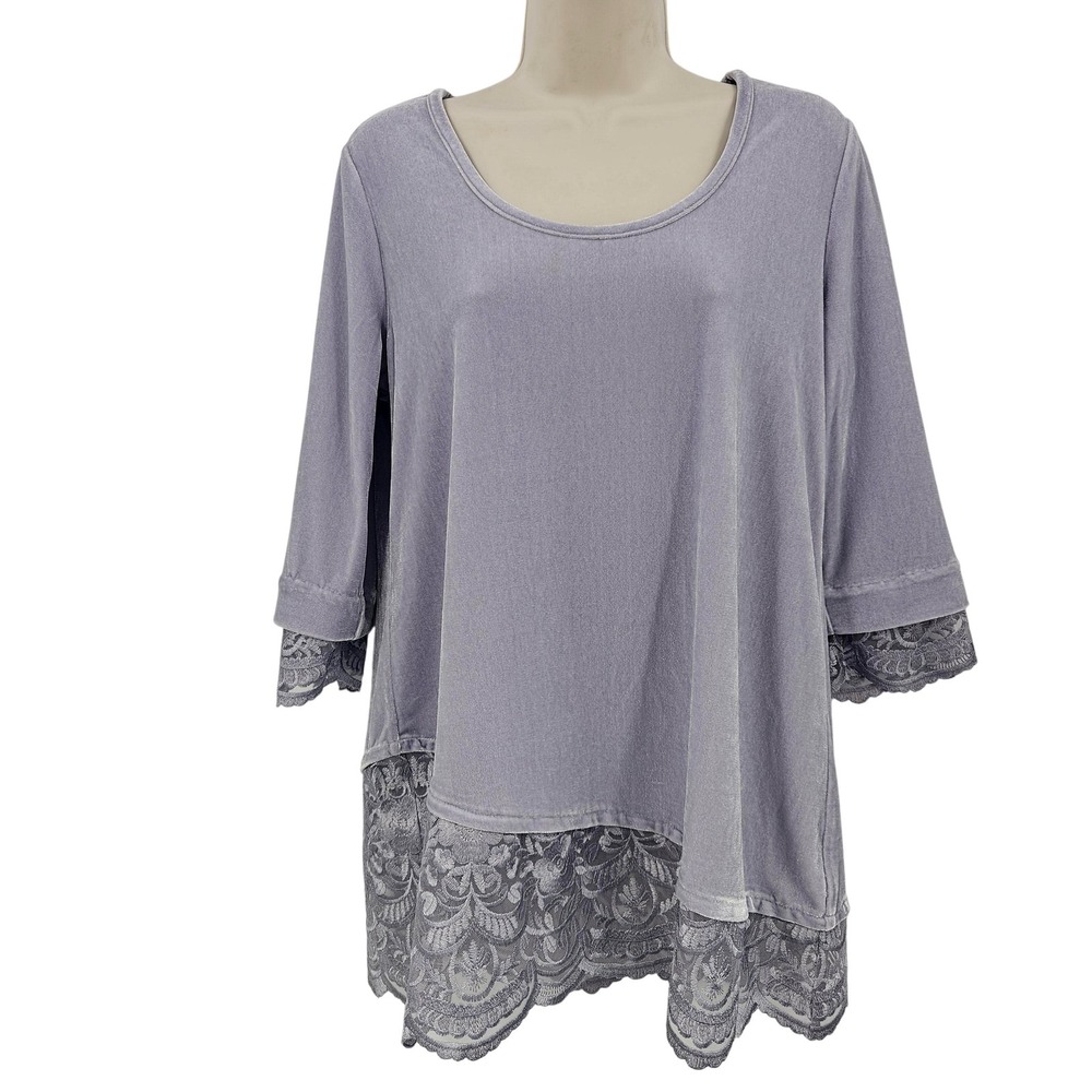 Soft Surroundings Shirt Women XS Silver Velour Lace Trim Velvet Festive Holiday